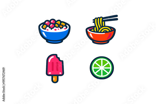 A collection of four colorful food and snack icons featuring a bowl