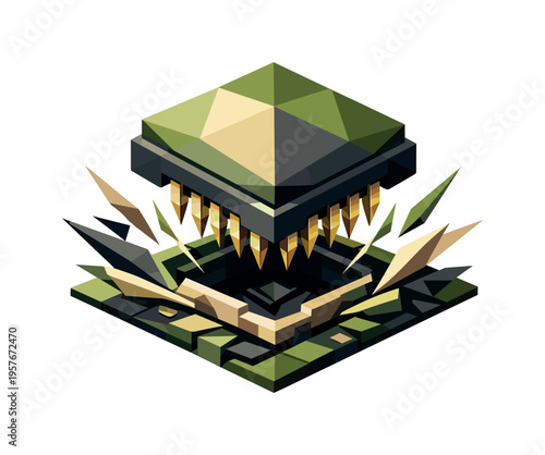 Abstract geometric representation of a digital trap or hazard with sharp golden teeth