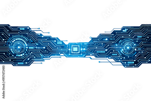 A futuristic blue circuit board banner featuring a central