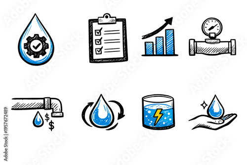 A collection of hand-drawn icons representing water management