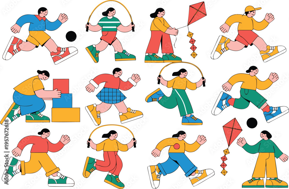 Fototapeta premium A collection of colorful flat vector illustrations featuring diverse children playing outdoors Vector