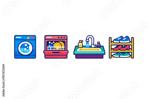 A set of four flat vector icons representing household appliances and