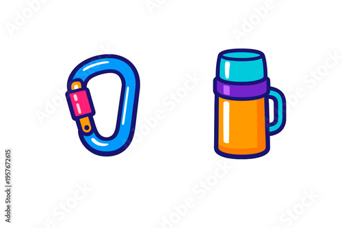 A flat vector illustration featuring a blue climbing carabiner and an