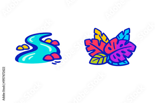 A set of two vibrant vector icons featuring a winding blue river with