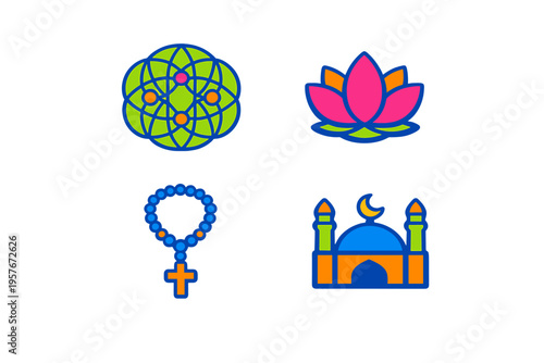 Set of four vibrant religious icons featuring a sacred geometry