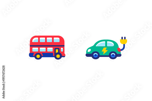 A flat vector illustration featuring a red double-decker bus and a
