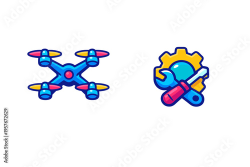 A set of two flat vector icons featuring a colorful quadcopter drone