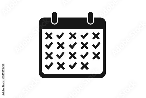 A black and white vector icon of a calendar with checkmarks and
