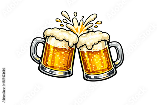A vector illustration of two frothy beer mugs clinking together in a