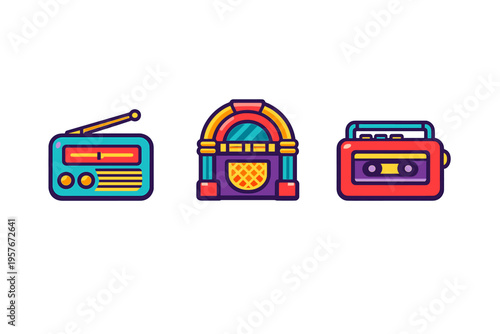 A set of three retro music icons featuring a vintage portable radio
