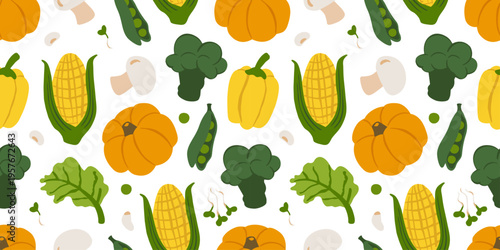 Seamless pattern with pumpkins, corn, broccoli, yellow peppers, mushrooms, and leaves on white background. Repeating vegetable print for textiles, wrapping paper, kitchen decor, stationery and fabric.