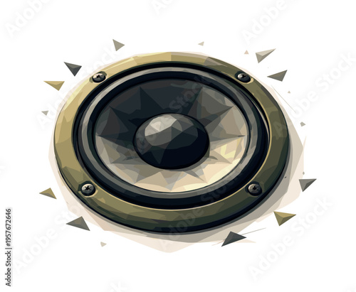 Low-poly vector illustration focused on speaker bass boom after the vibration settles, geometric speaker cone returning to