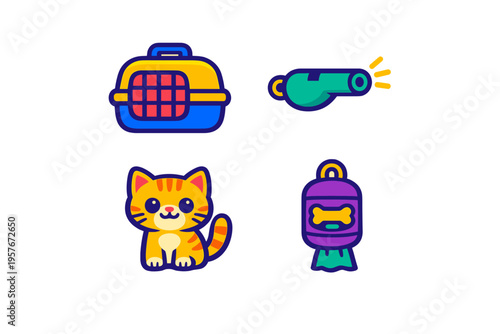 A collection of colorful pet care icons featuring a ginger tabby cat