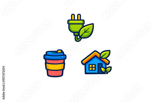 A set of three colorful vector stickers featuring an eco-friendly