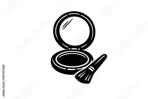A black and white vector illustration of an open makeup compact with