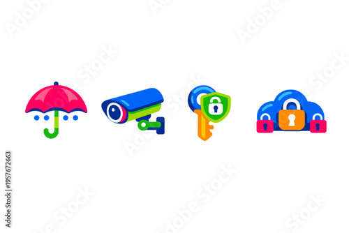A set of four colorful flat icons representing security and