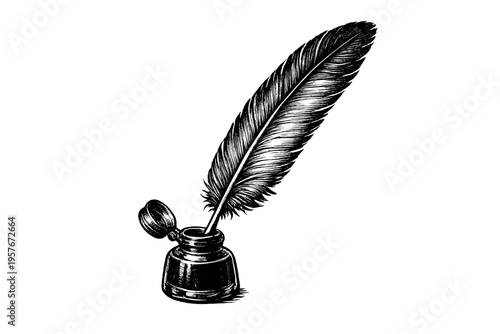 A vintage black and white engraving of a quill feather pen resting