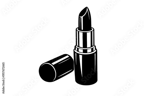 A black and white vector illustration of an open lipstick tube with
