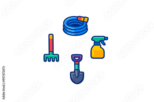 A set of colorful gardening tool icons including a blue hose, a green
