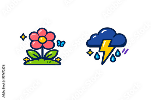 A set of two colorful vector icons featuring a blooming pink flower