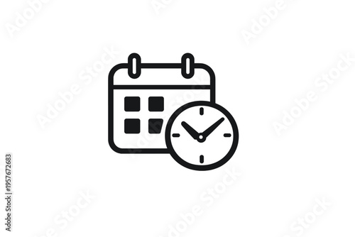A minimalist black line icon featuring a calendar with a clock in the