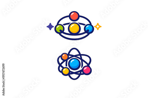 A set of two stylized vector icons representing atomic structures or