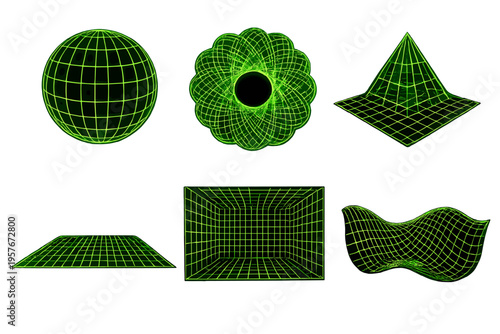 A collection of six neon green wireframe 3D geometric shapes isolated