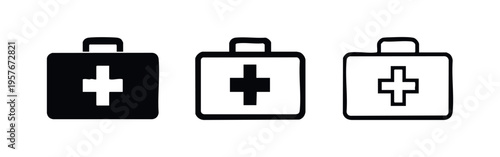 First aid kit icon set. Emergency medical box, health care and safety symbols.