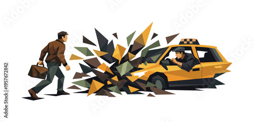 Low-poly vector illustration focused on a taxi pickup stop with tension/obstacle, passenger and taxi nearly meeting but separated