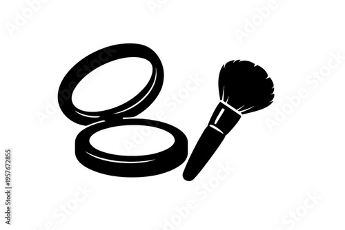 Black and white vector illustration of an open makeup powder compact