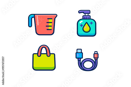 A collection of four colorful vector icons featuring a red measuring