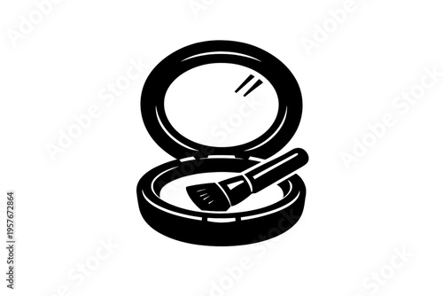 Black and white vector illustration of an open makeup compact case