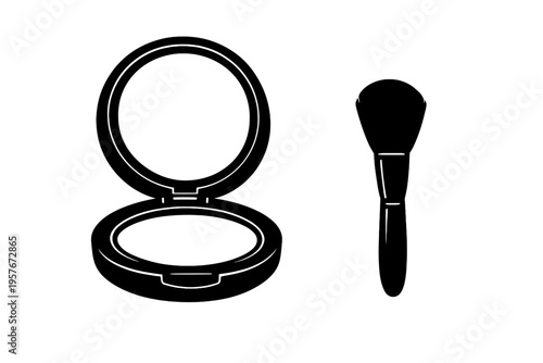 A black and white vector illustration of an open makeup compact with