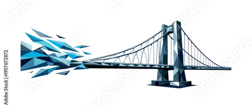 Low-poly vector illustration focused on bridge suspension sway showing the cause/setup moment, side perspective of a suspension