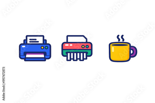 A set of three colorful office icons including a blue printer, a red