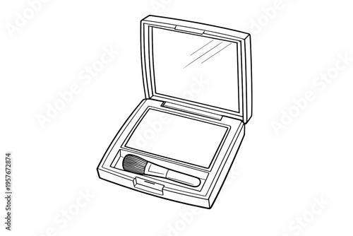 A black and white line art illustration of an open makeup compact
