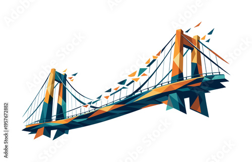 Abstract geometric suspension bridge design with vibrant orange and teal triangles