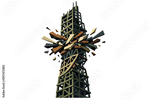 Low-poly vector illustration focused on skyscraper rise build with tension and obstacle, incomplete tower structure twisting