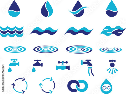 A collection of blue water themed graphic icons featuring droplets waves ripples and faucets Vector