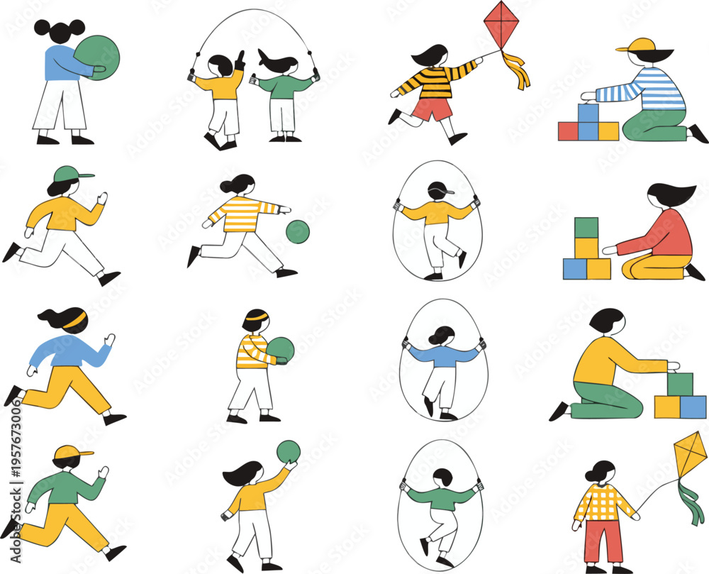 Fototapeta premium Collection of diverse children engaging in various active outdoor play and creative indoor activities Vector