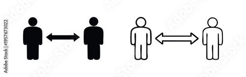 Social distancing icon set. Keep distance concept. People separated by arrow symbol. Coronavirus prevention, isolated on white background.