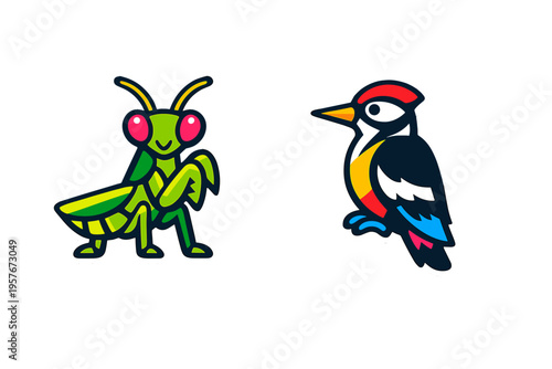 A vector illustration featuring a stylized cartoon praying mantis and