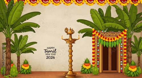 Happy Tamil New Year 2026 poster banana tree brass lamp diya door decoration flower garland festival tradition