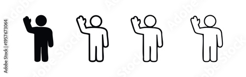 Person raising hand icon set. Volunteer, greeting, asking question, attention symbol. Vector illustration, isolated on white background.