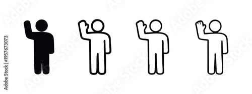 Human raising hand icon set. Asking question, voting, volunteering, greeting gesture symbol. Vector illustration for UI design.