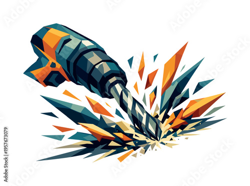 Low-poly vector illustration focused on renovation drill burst during the action escalation, dramatic perspective of the drill