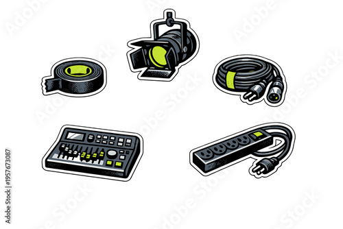 A collection of stage production equipment stickers featuring a
