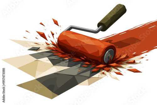 Low-poly vector illustration focused on paint roller swipe with tension and resistance, roller pressing firmly against a