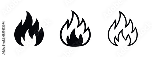 Fire flame icons. Hot, burn, danger symbol set. Energy, ignite, heat sign in flat and outline style, isolated on white background.