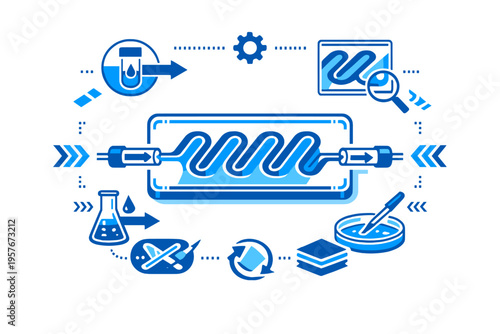 A blue and white vector illustration depicting a microfluidic chip